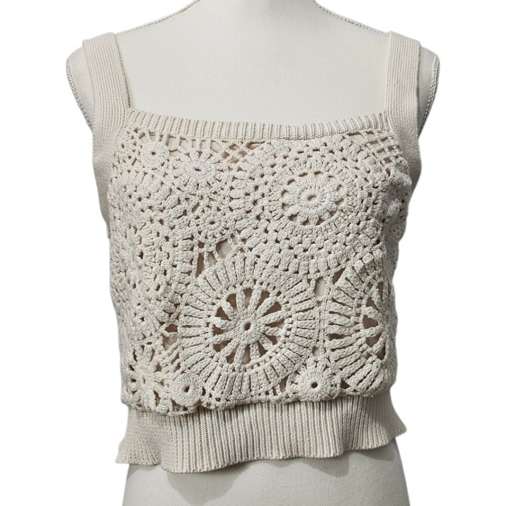 House Of Harlow Revolve Crochet Boho Chic Cotton Knit Tank Top Cream Size L